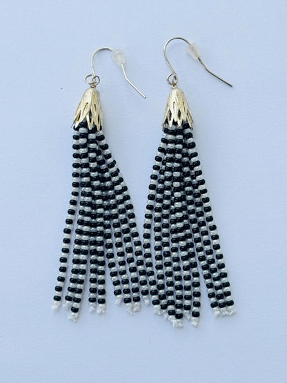 Handmade Black and White Beaded Tassel Earrings