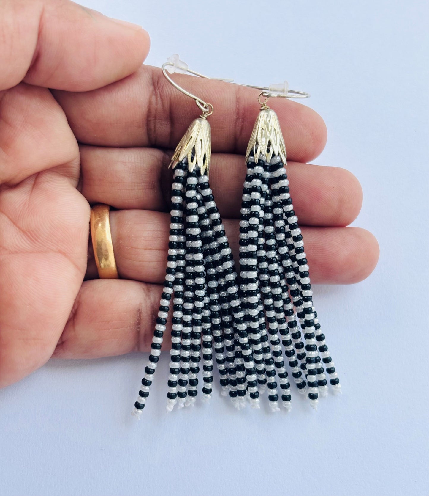 Handmade Black and White Beaded Tassel Earrings