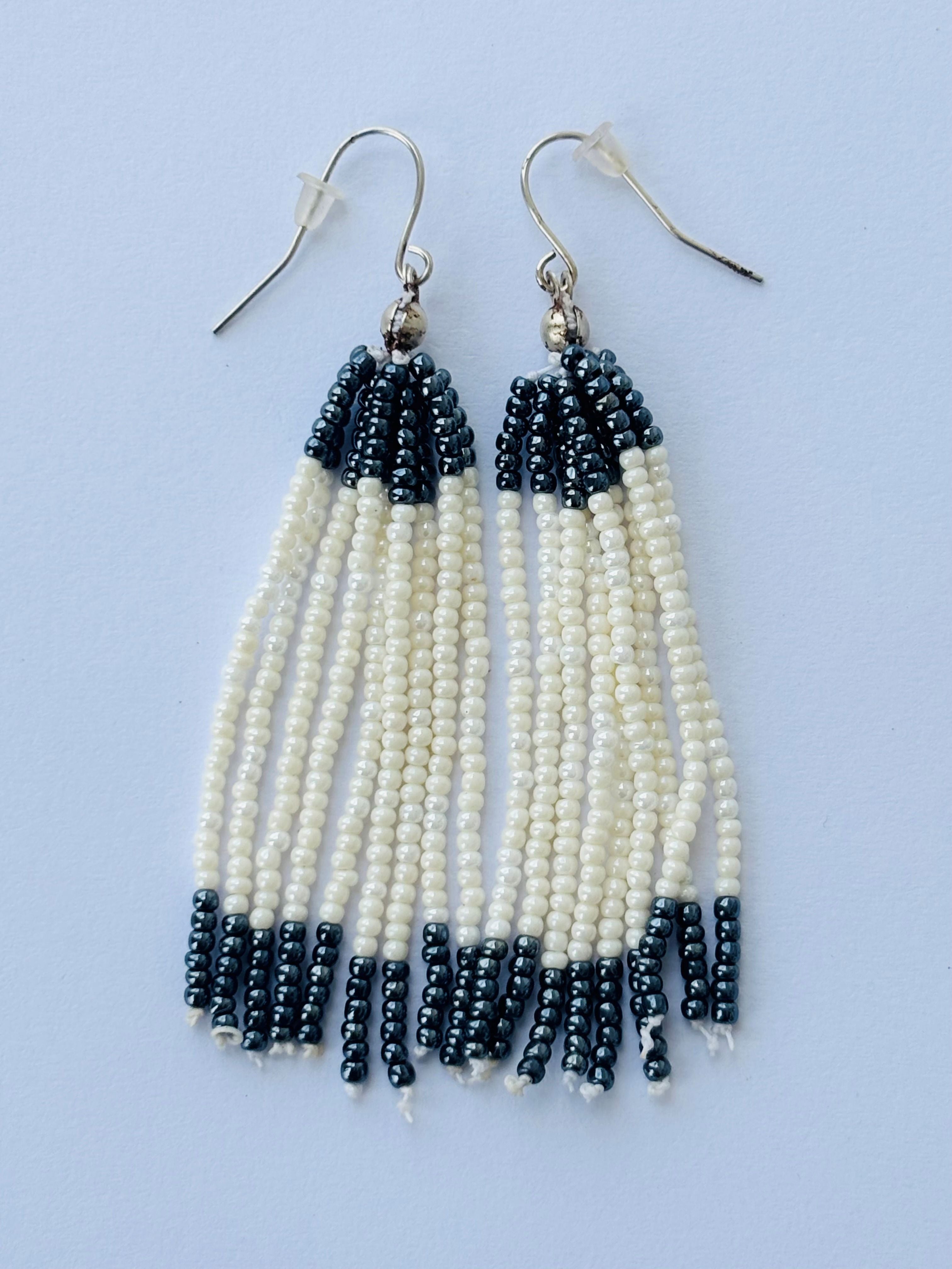 Handmade Black and Cream Beaded Tassel Earrings