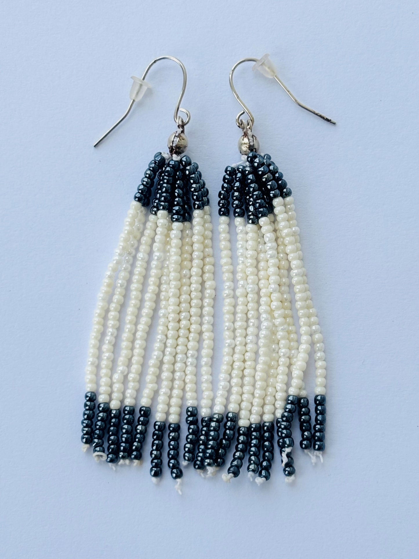Handmade Black and Cream Beaded Tassel Earrings