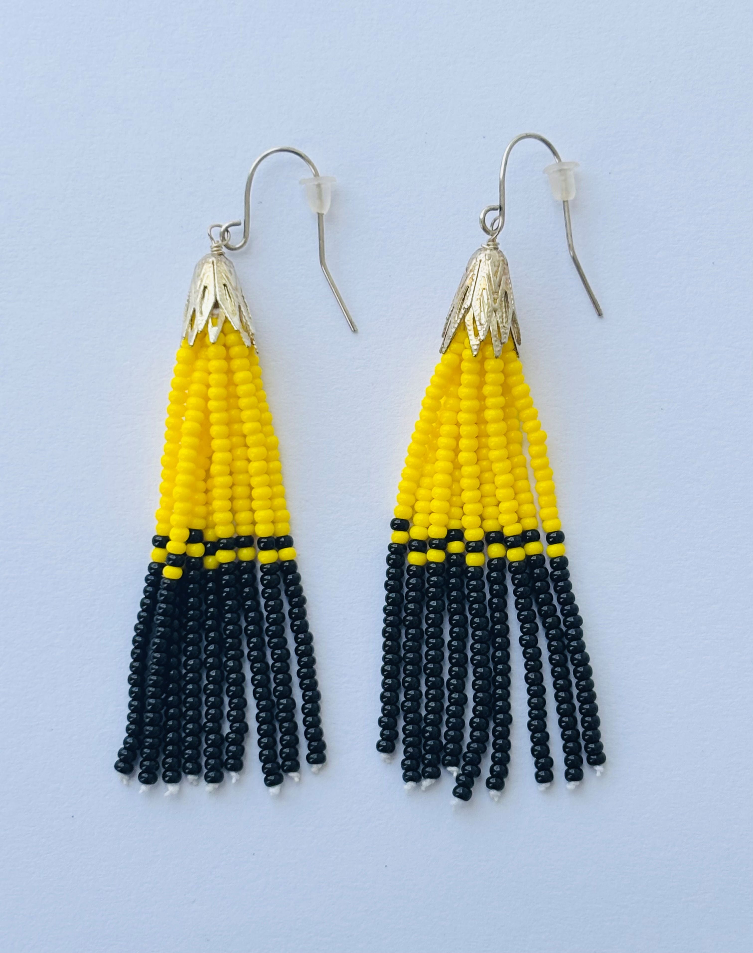 Handmade Yellow and Black Beaded Tassel Earrings