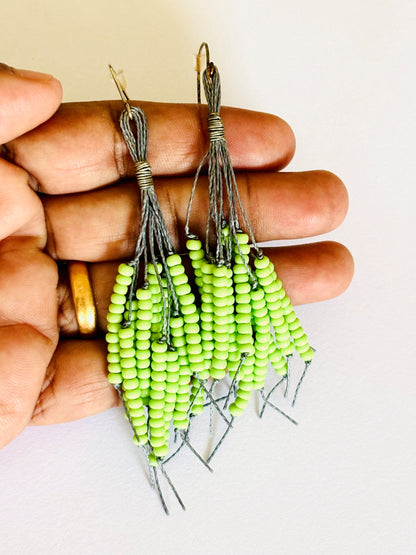 Handmade Lime Green Beaded Tassel Earrings