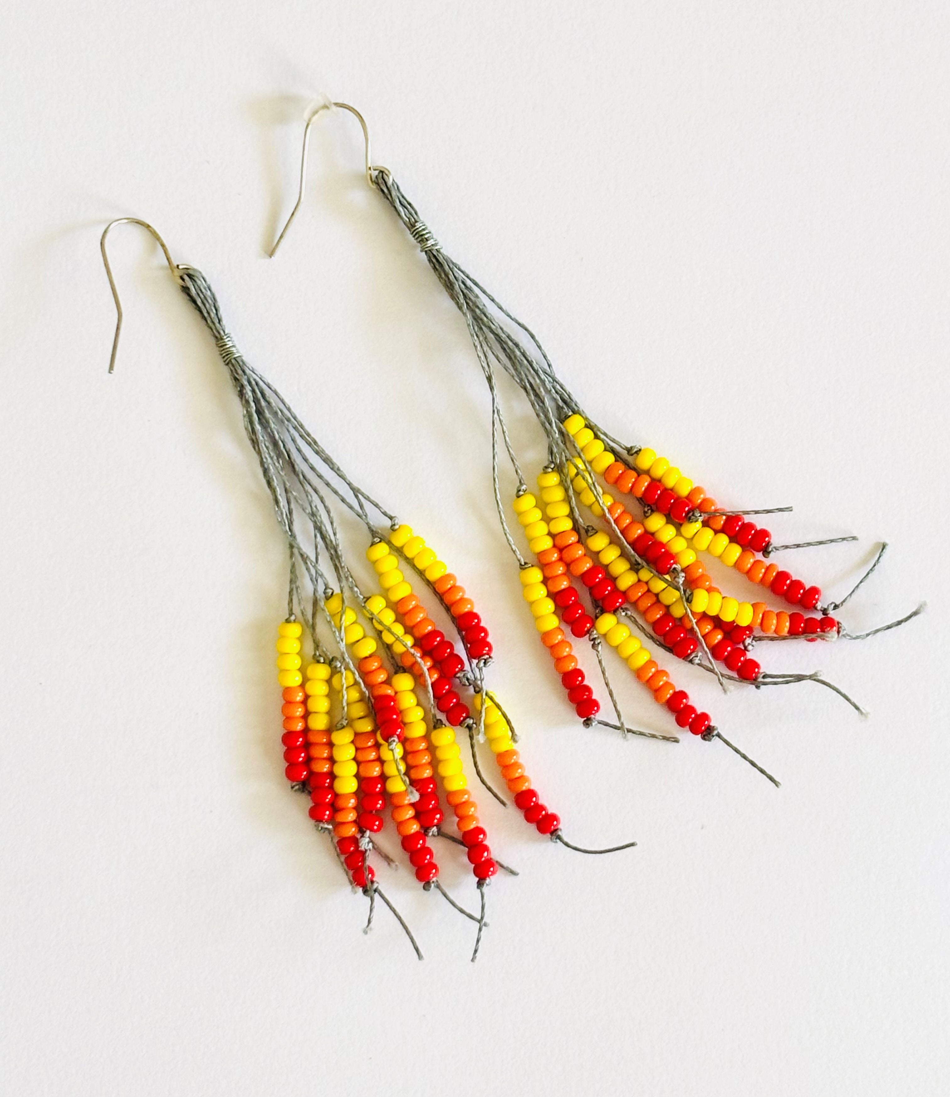 Handmade Red and Yellow Beaded Tassel Earrings