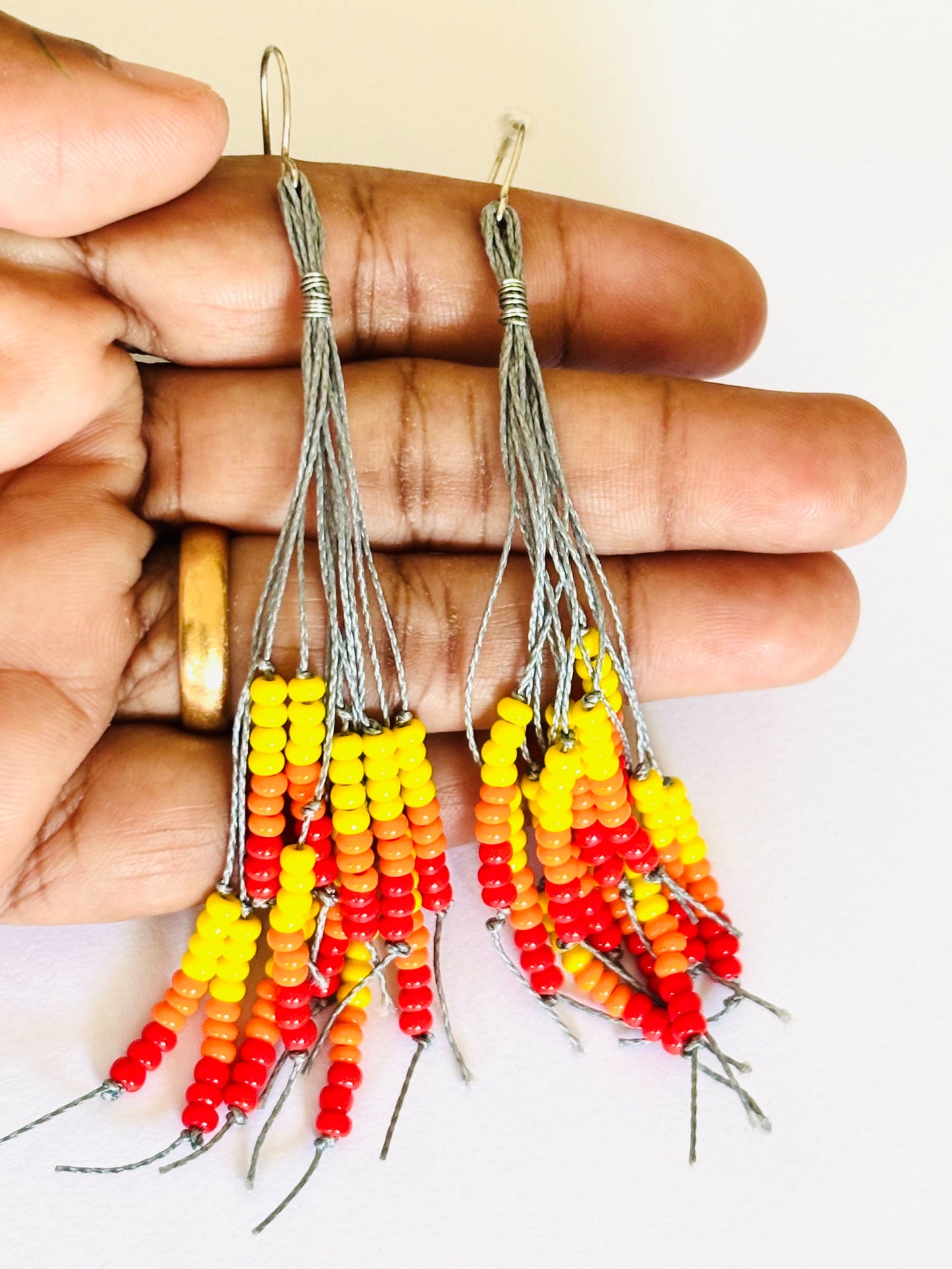 Handmade Red and Yellow Beaded Tassel Earrings