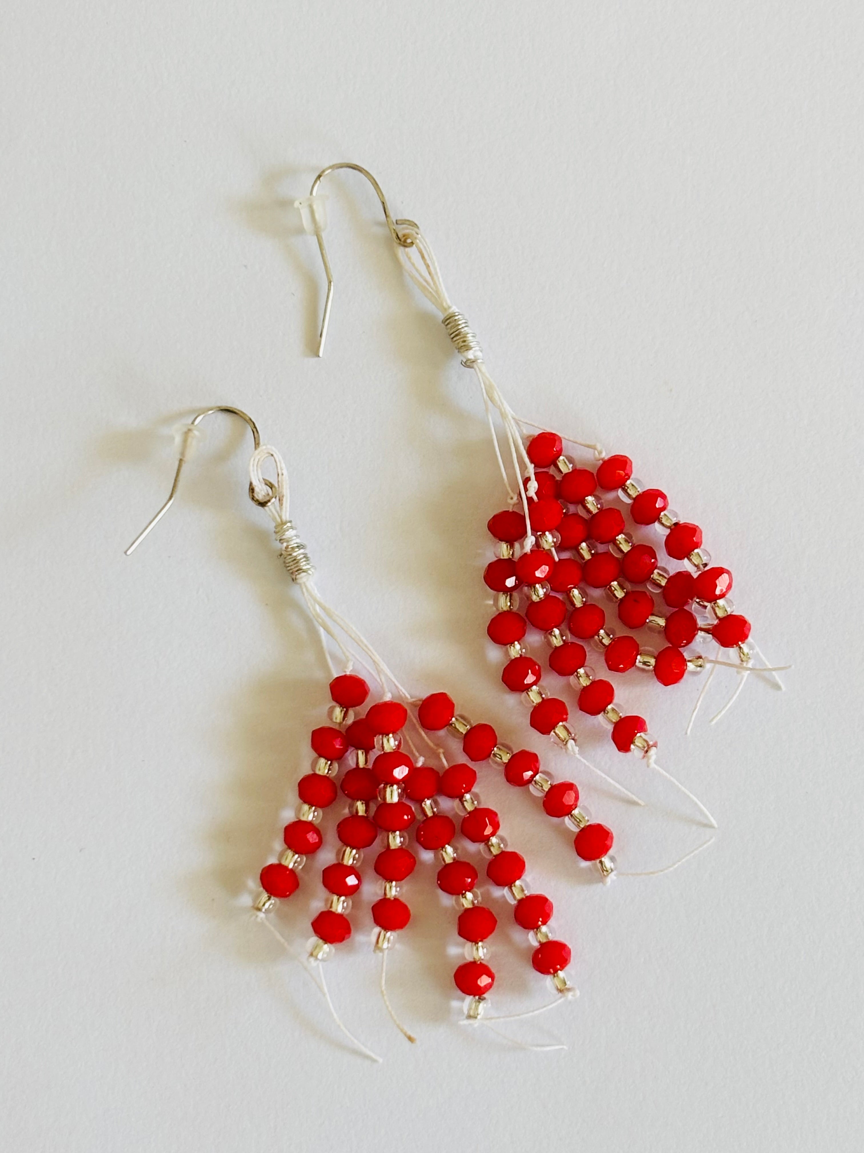 Handmade Red Crystal Beaded Tassel Earrings
