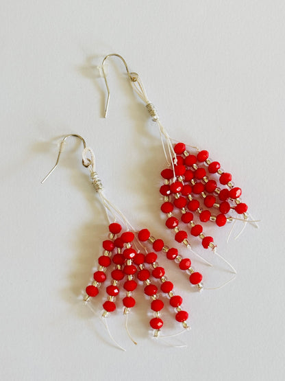 Handmade Red Crystal Beaded Tassel Earrings