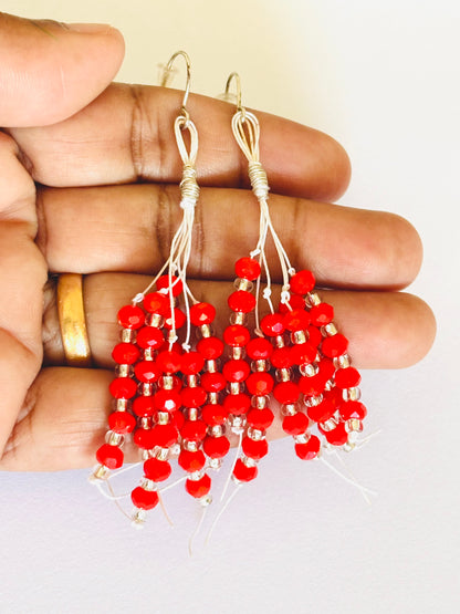 Handmade Red Crystal Beaded Tassel Earrings