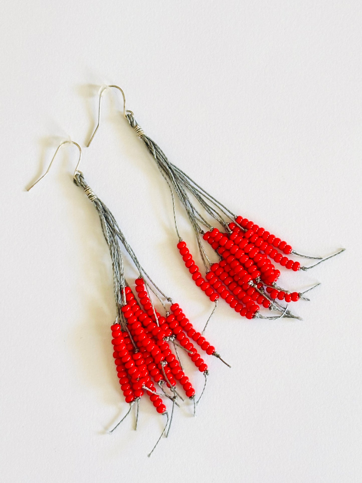 Handmade Red Seed Beaded Tassel Earrings