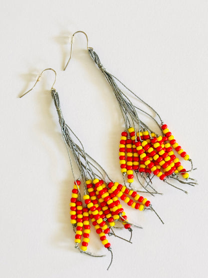 Handmade Red and Yellow Seed Bead Tassel Earrings