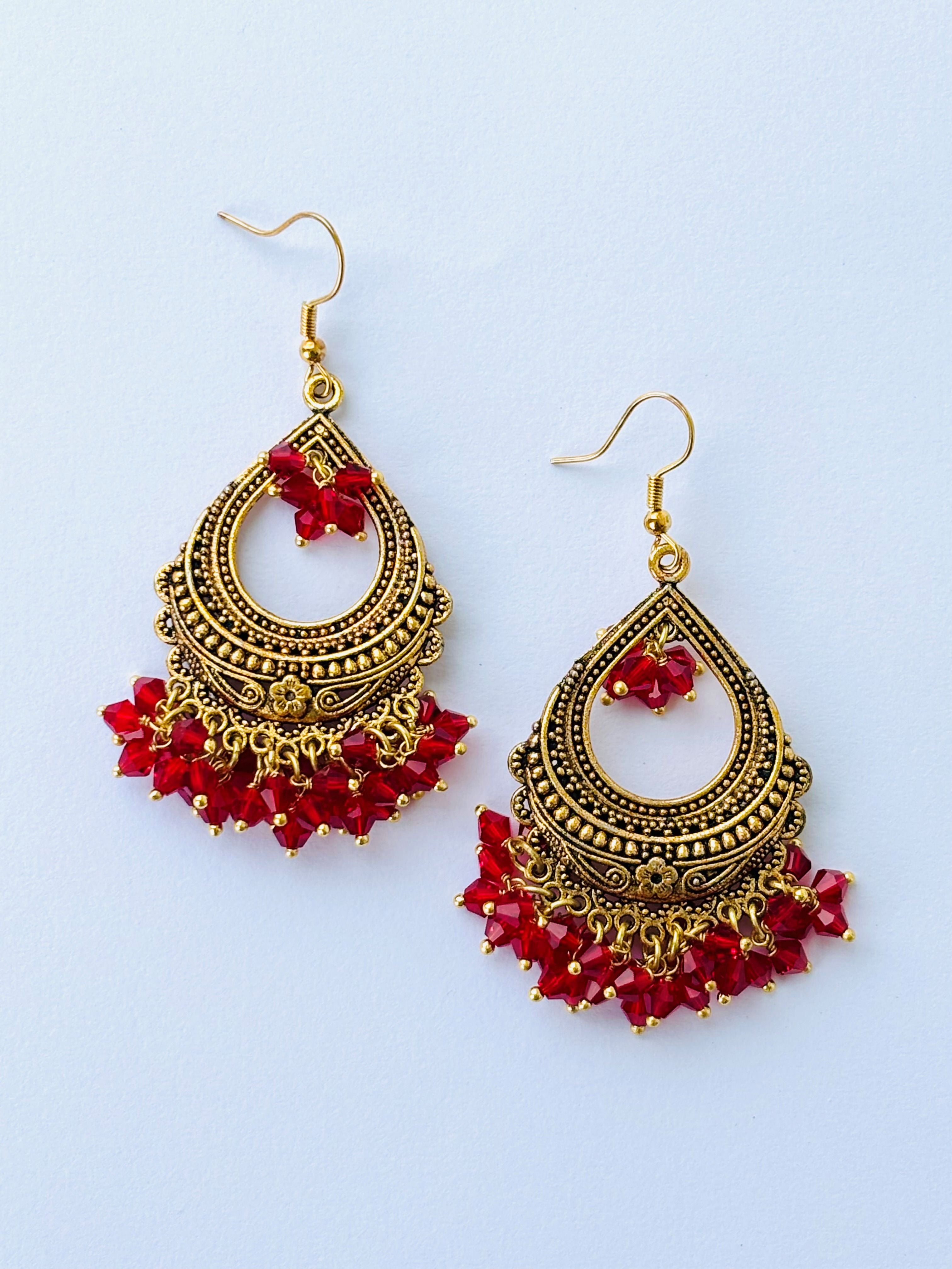 Handcrafted Gold-Toned Red Beaded Drop Earrings