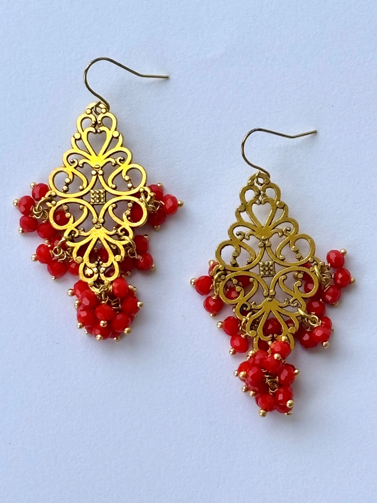 Handcrafted Filigree Gold-Toned Red Beaded Earrings