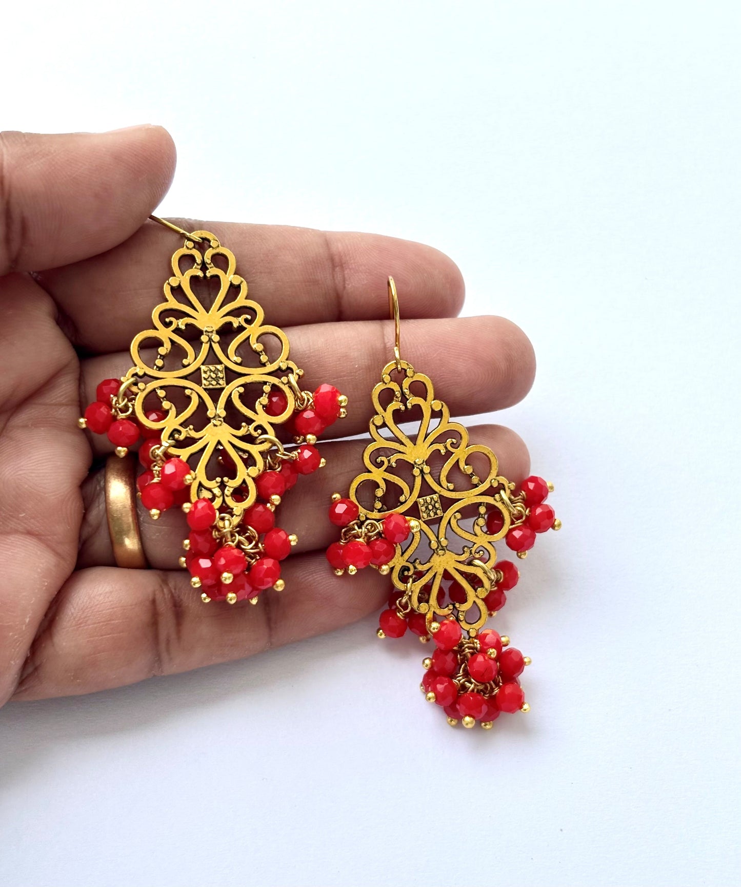 Handcrafted Filigree Gold-Toned Red Beaded Earrings