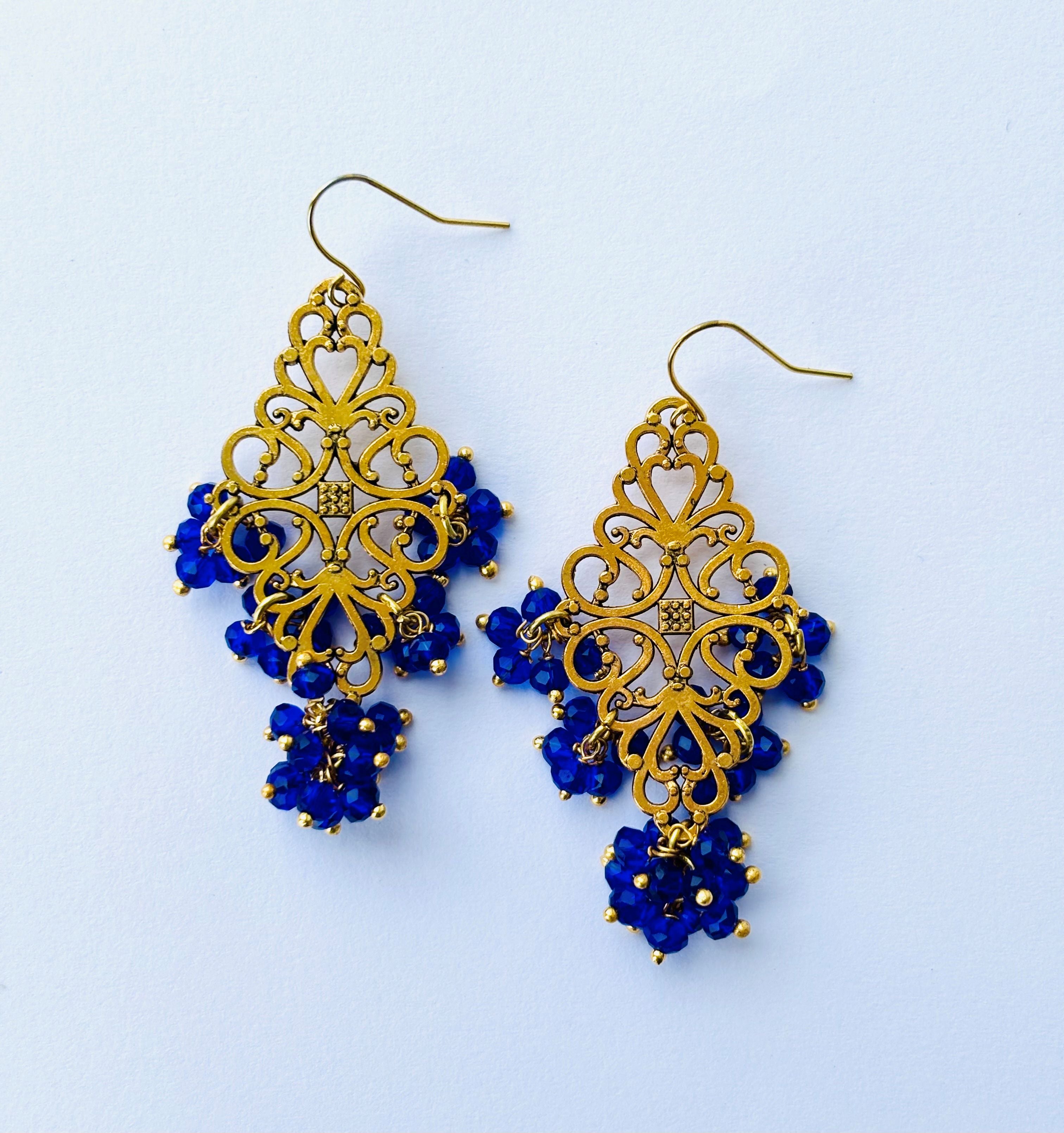 Handmade Royal Blue Beaded Gold Filigree Earrings