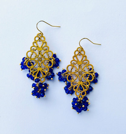 Handmade Royal Blue Beaded Gold Filigree Earrings