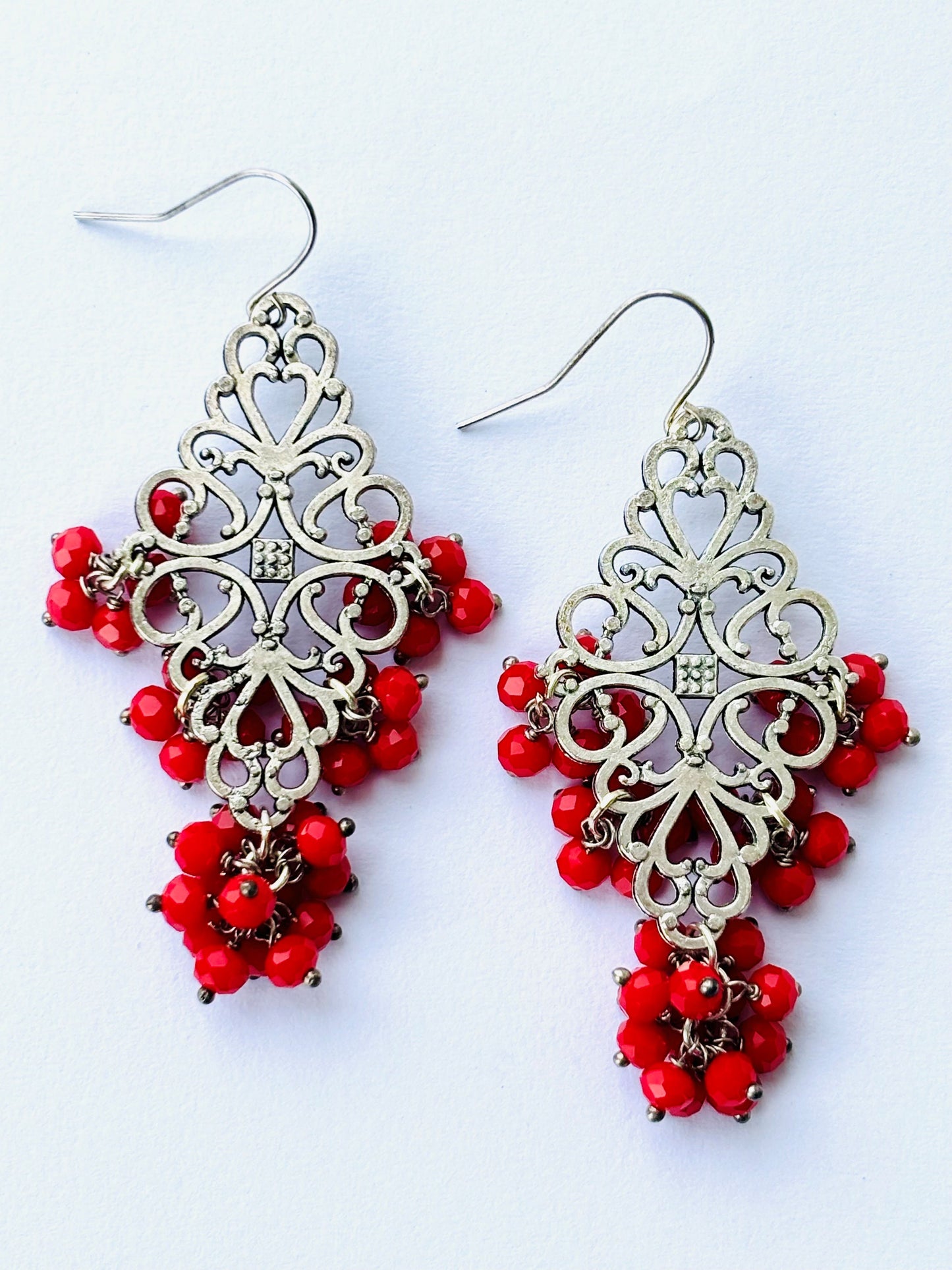 Handcrafted Silver-Toned Red Beaded Filigree Earrings
