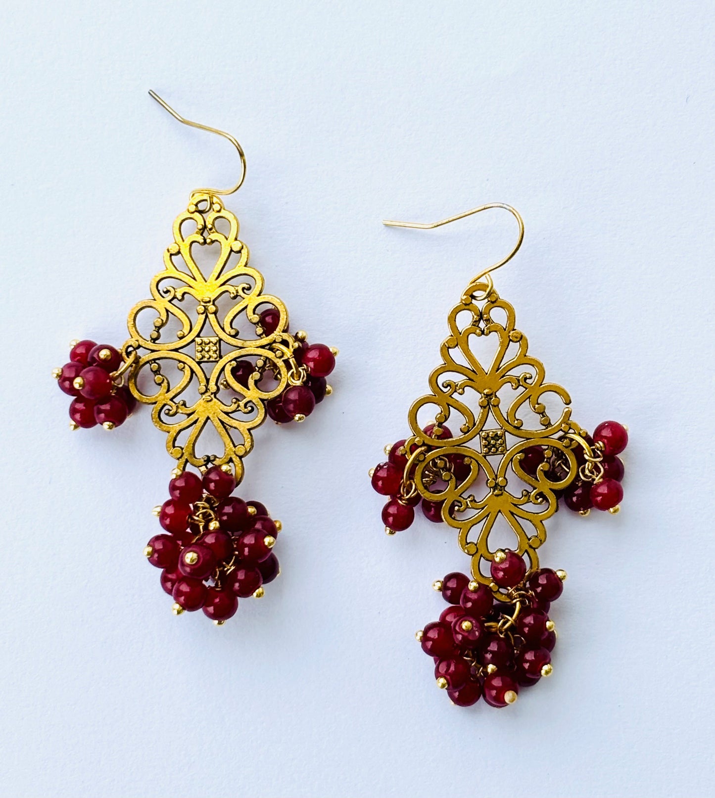 Handmade Maroon Beaded Gold Filigree Earrings