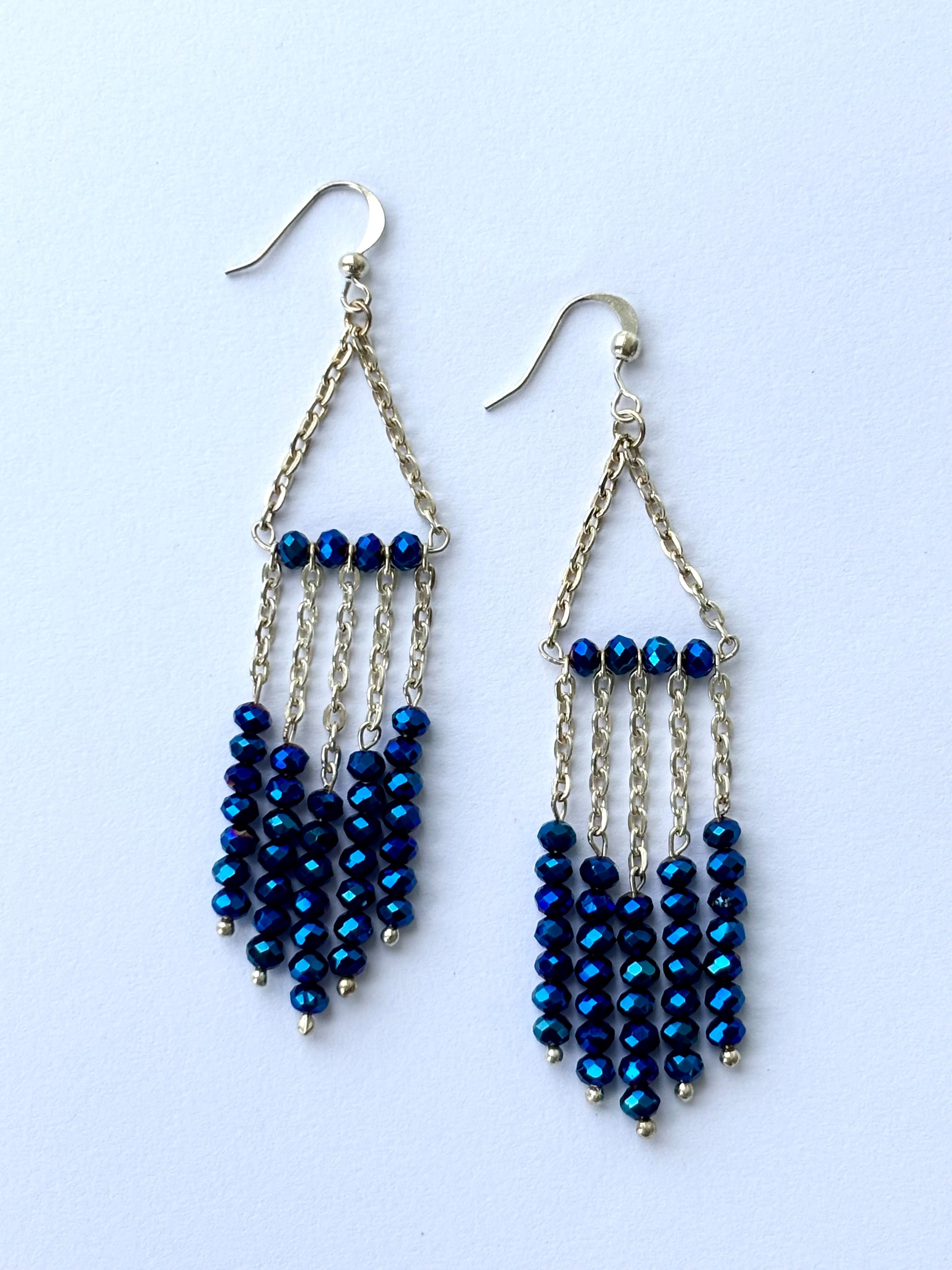 Silver Chain And Metallic Blue Beaded Tassel Earrings
