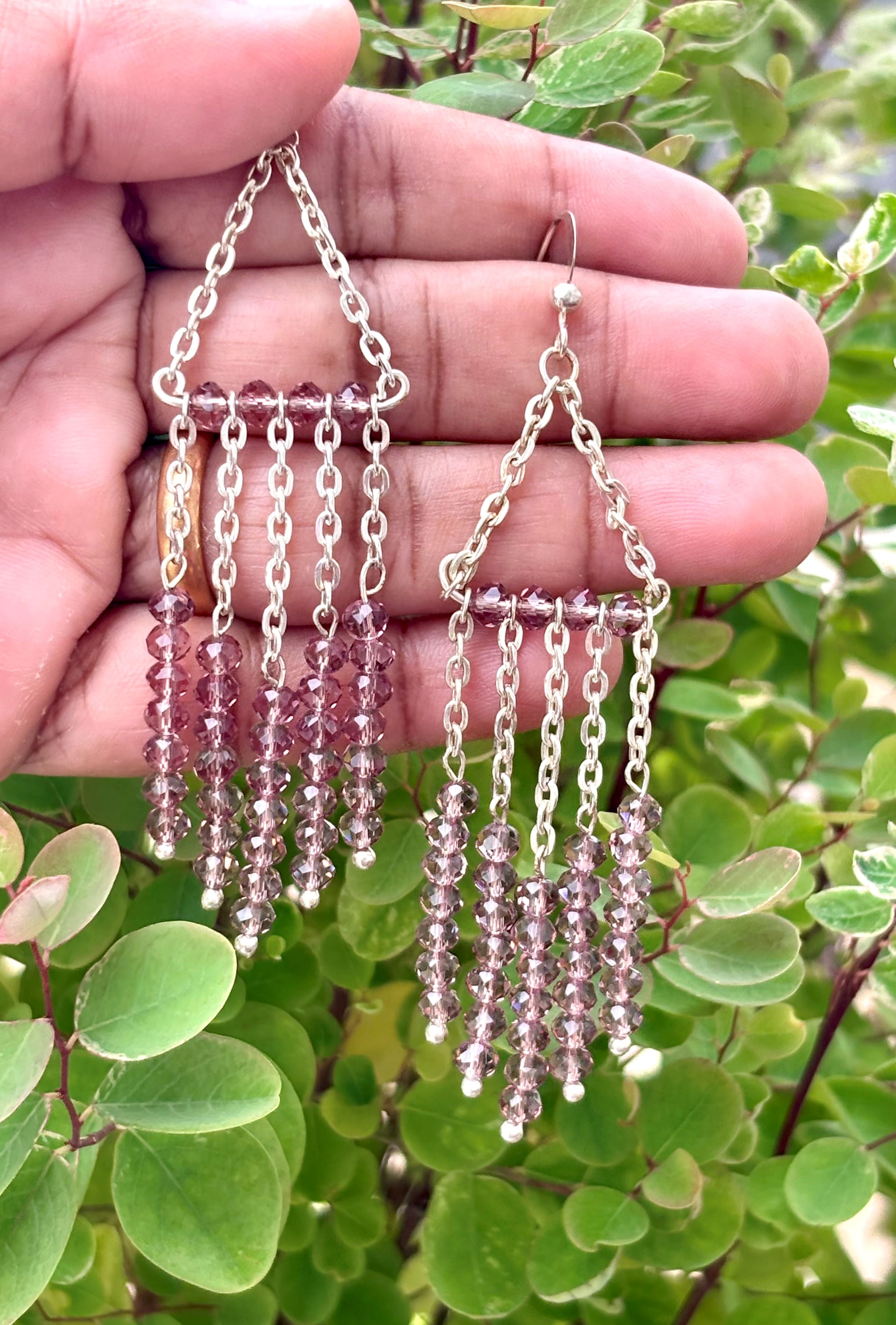 Handcrafted Light Purple Beaded Silver Chain Tassel Earrings