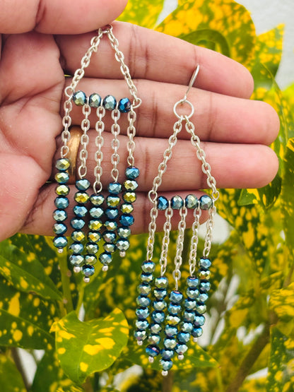 Iridescent Green Beaded Silver Chain Tassel Earrings