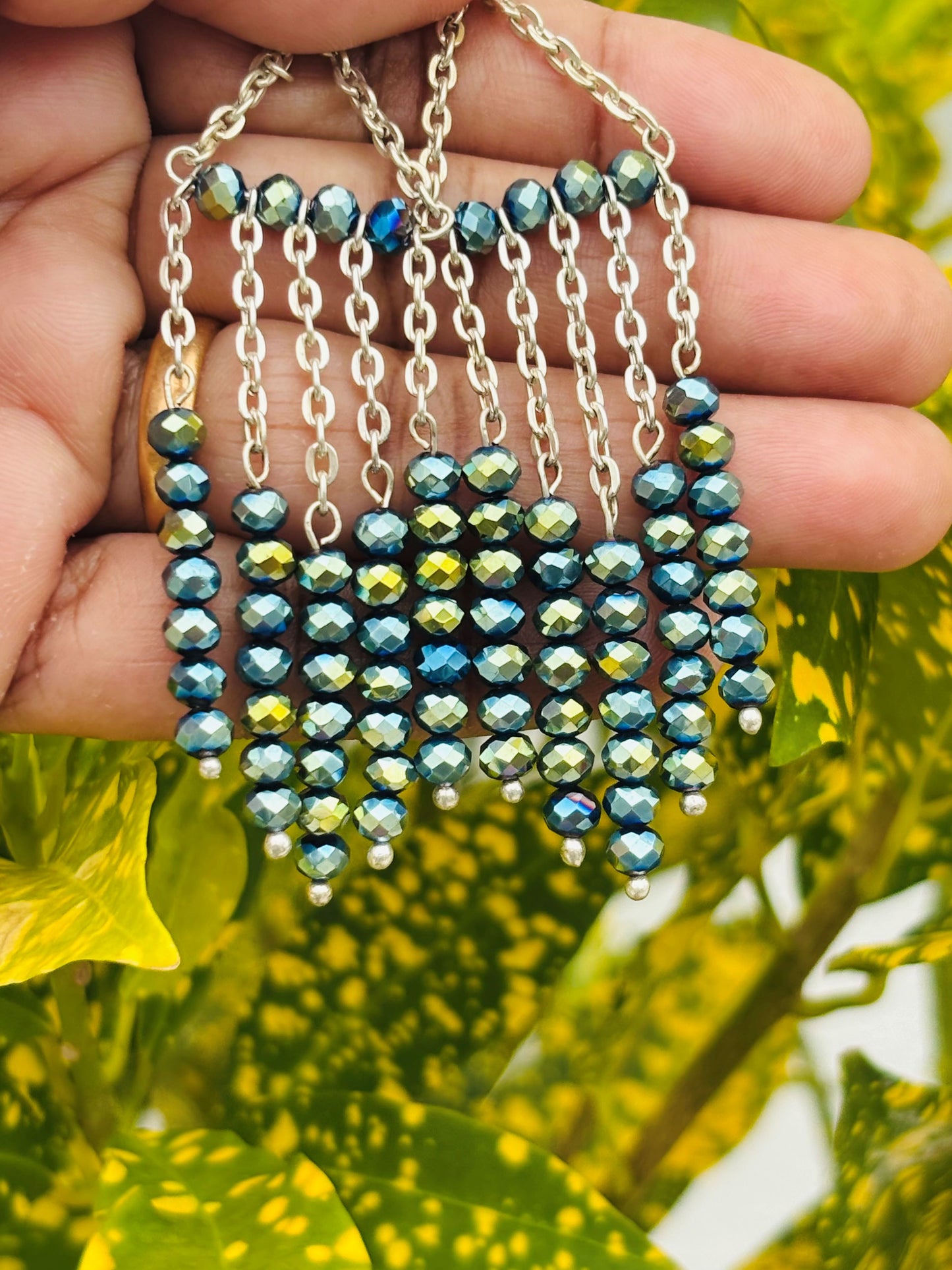 Iridescent Green Beaded Silver Chain Tassel Earrings