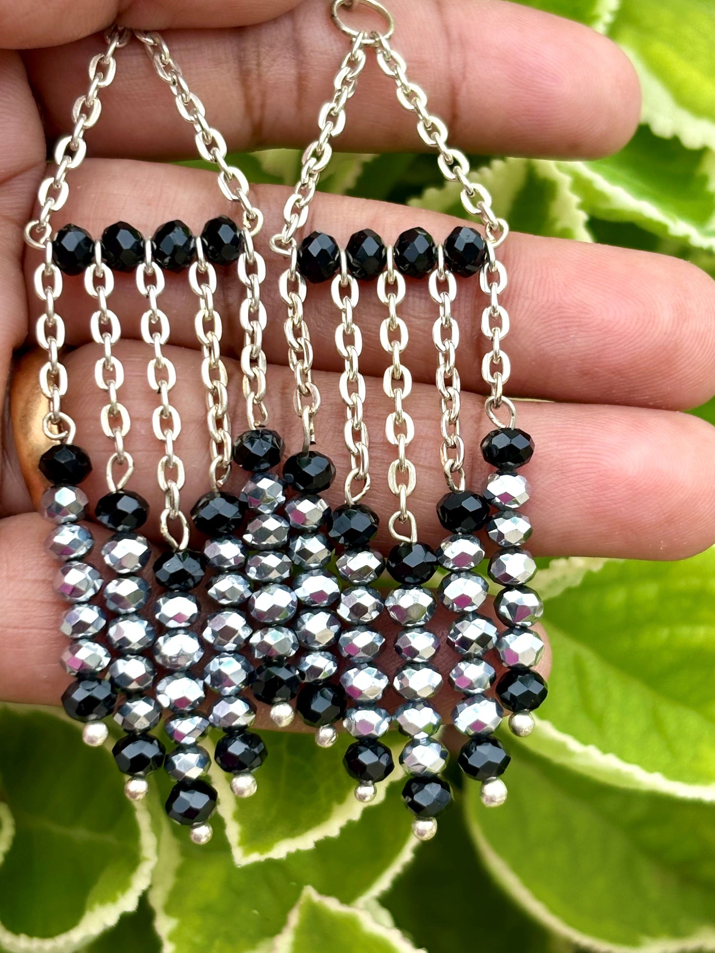 Handmade Black and Metallic Silver Beaded Tassel Earrings