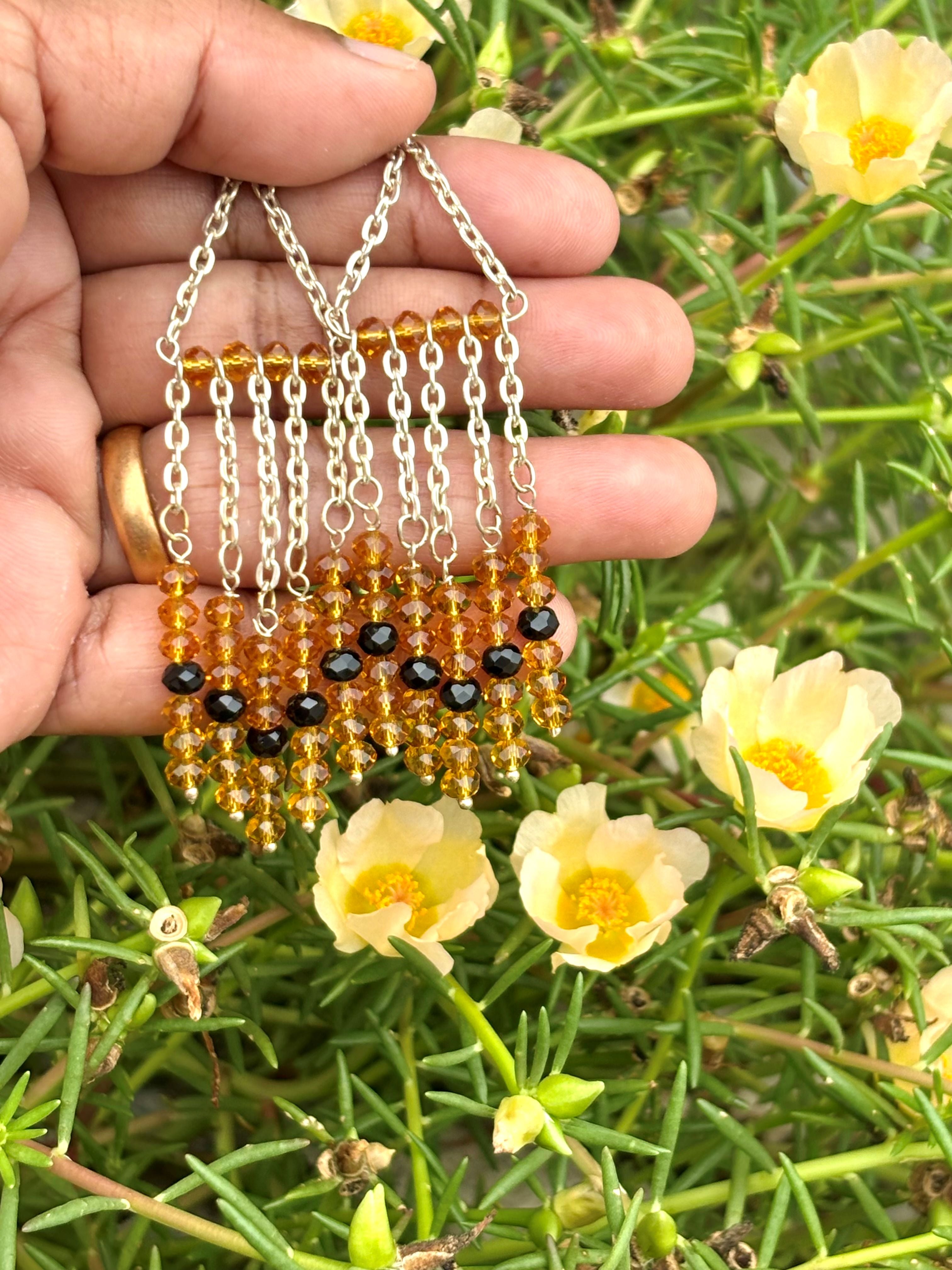 Amber and Black Beaded Silver Chain Tassel Earrings