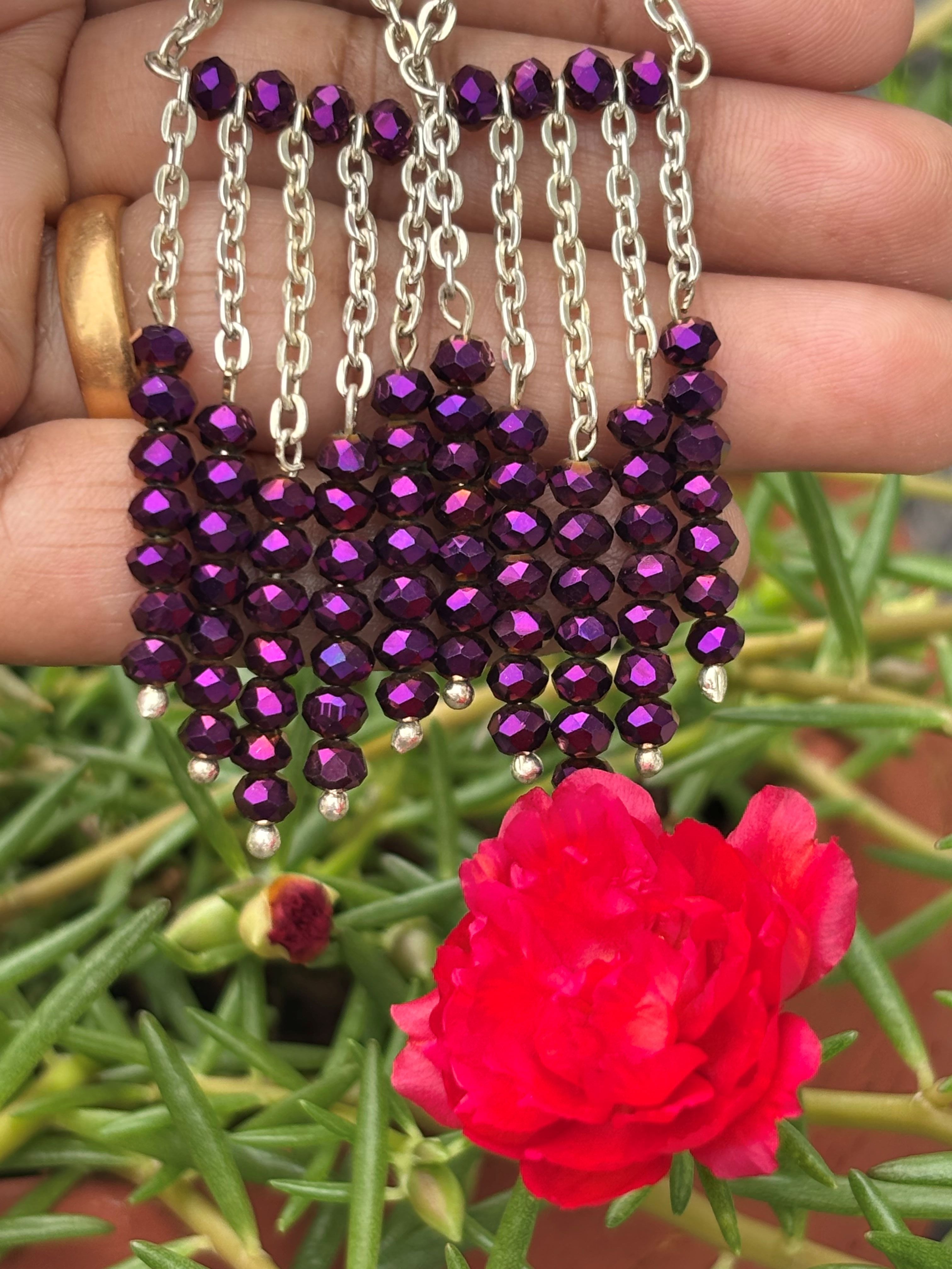 Royal Purple Beaded Silver Chain Tassel Earrings