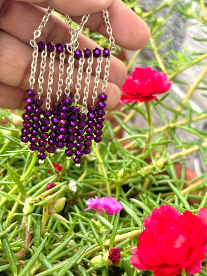 Royal Purple Beaded Silver Chain Tassel Earrings