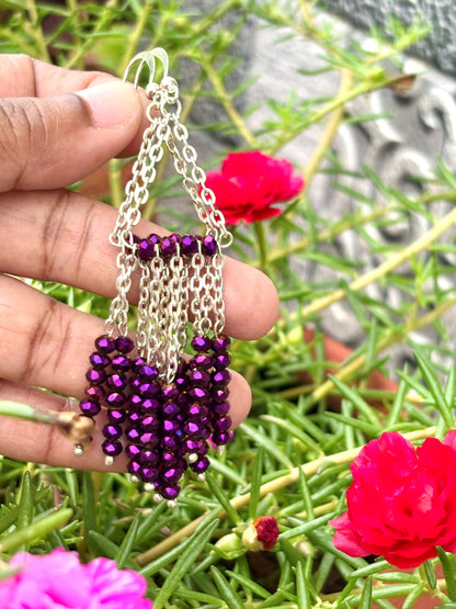 Royal Purple Beaded Silver Chain Tassel Earrings