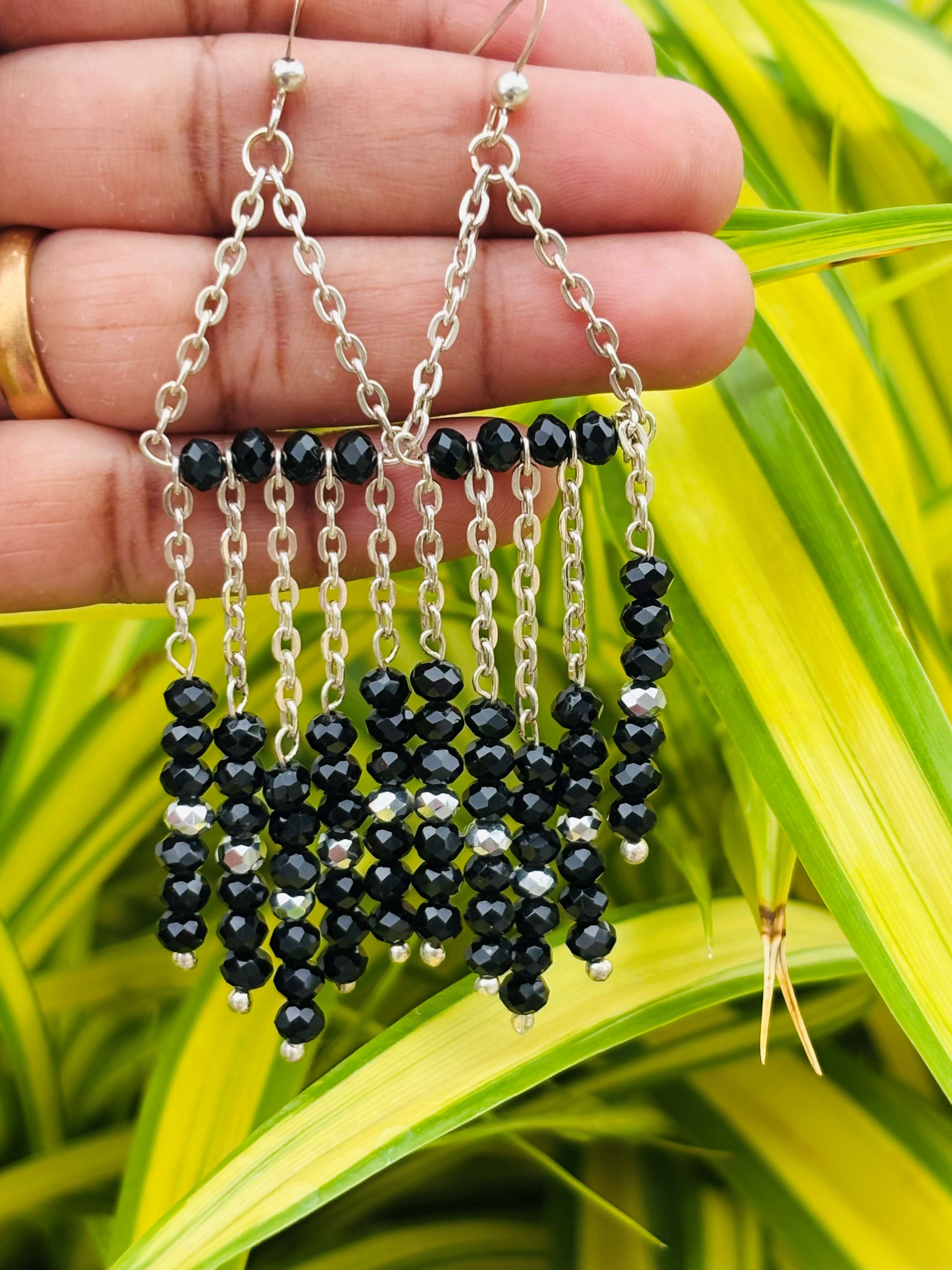Handmade Black and Silver Beaded Tassel Earrings