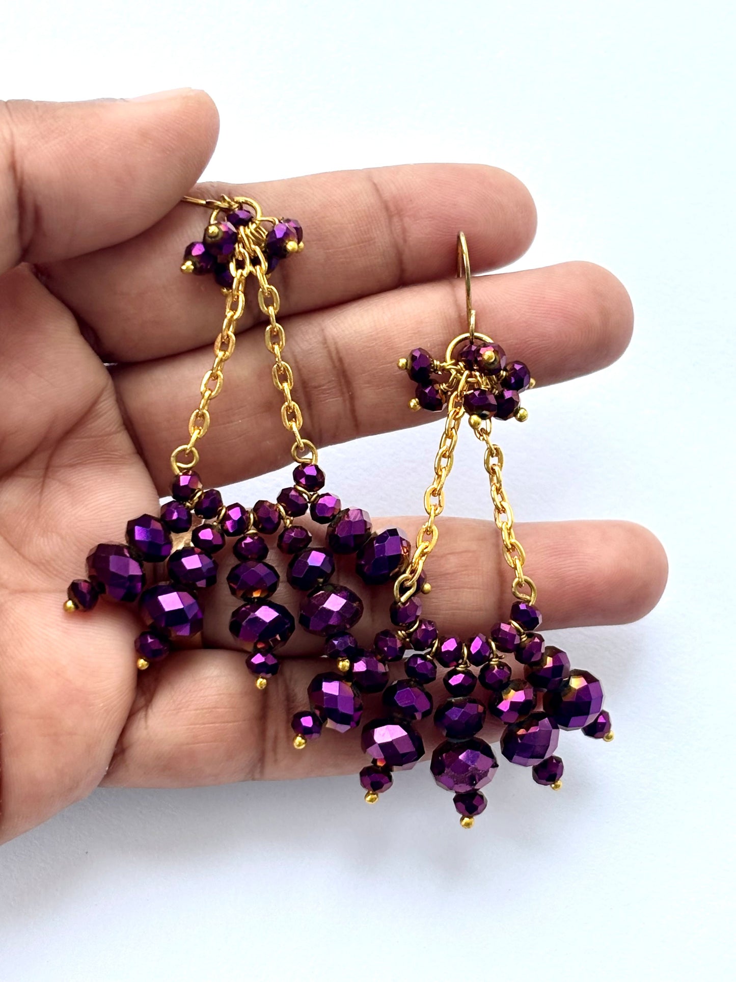Gold Chain and Purple Beaded Cluster Earrings
