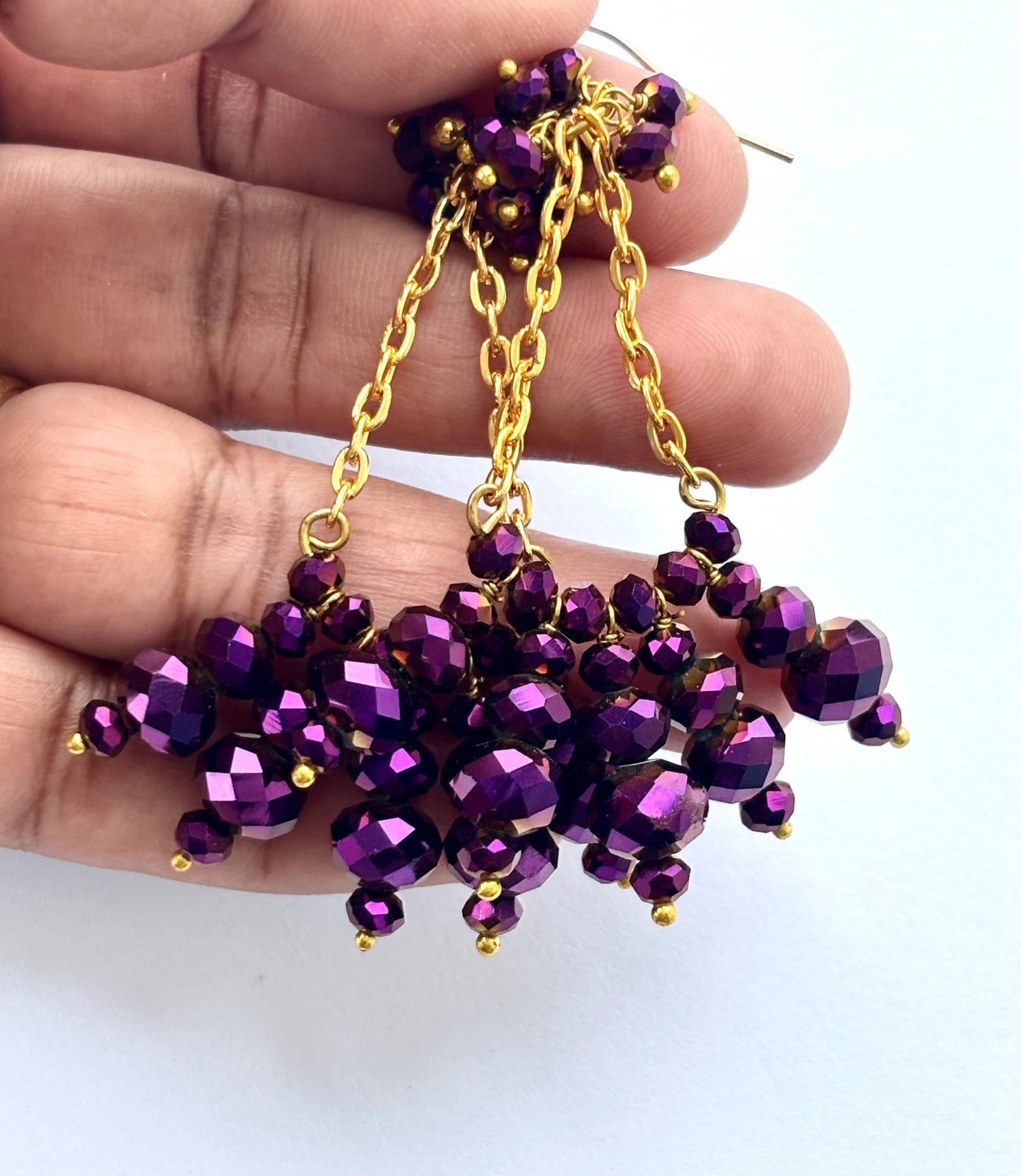 Gold Chain and Purple Beaded Cluster Earrings