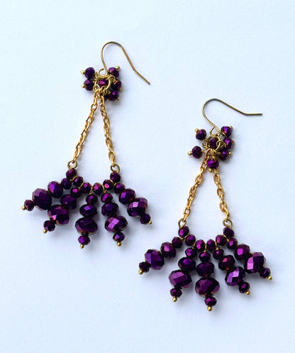 Gold Chain and Purple Beaded Cluster Earrings