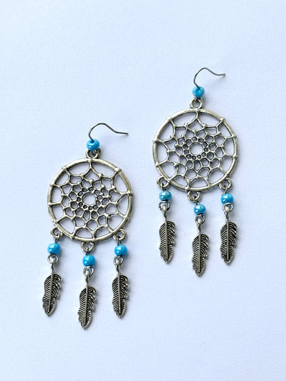 Oxidised Silver Dreamcatcher Earrings with Blue Beads