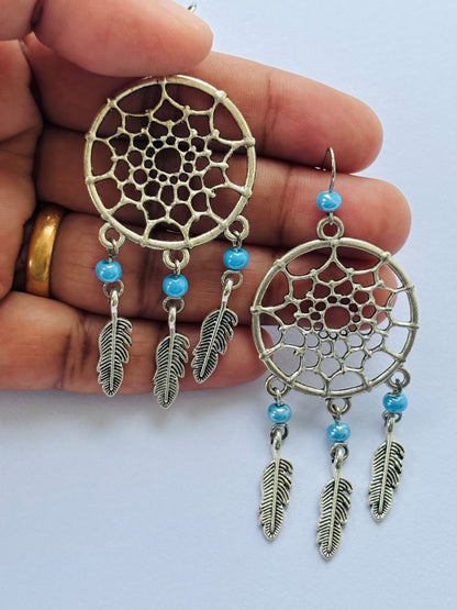 Oxidised Silver Dreamcatcher Earrings with Blue Beads