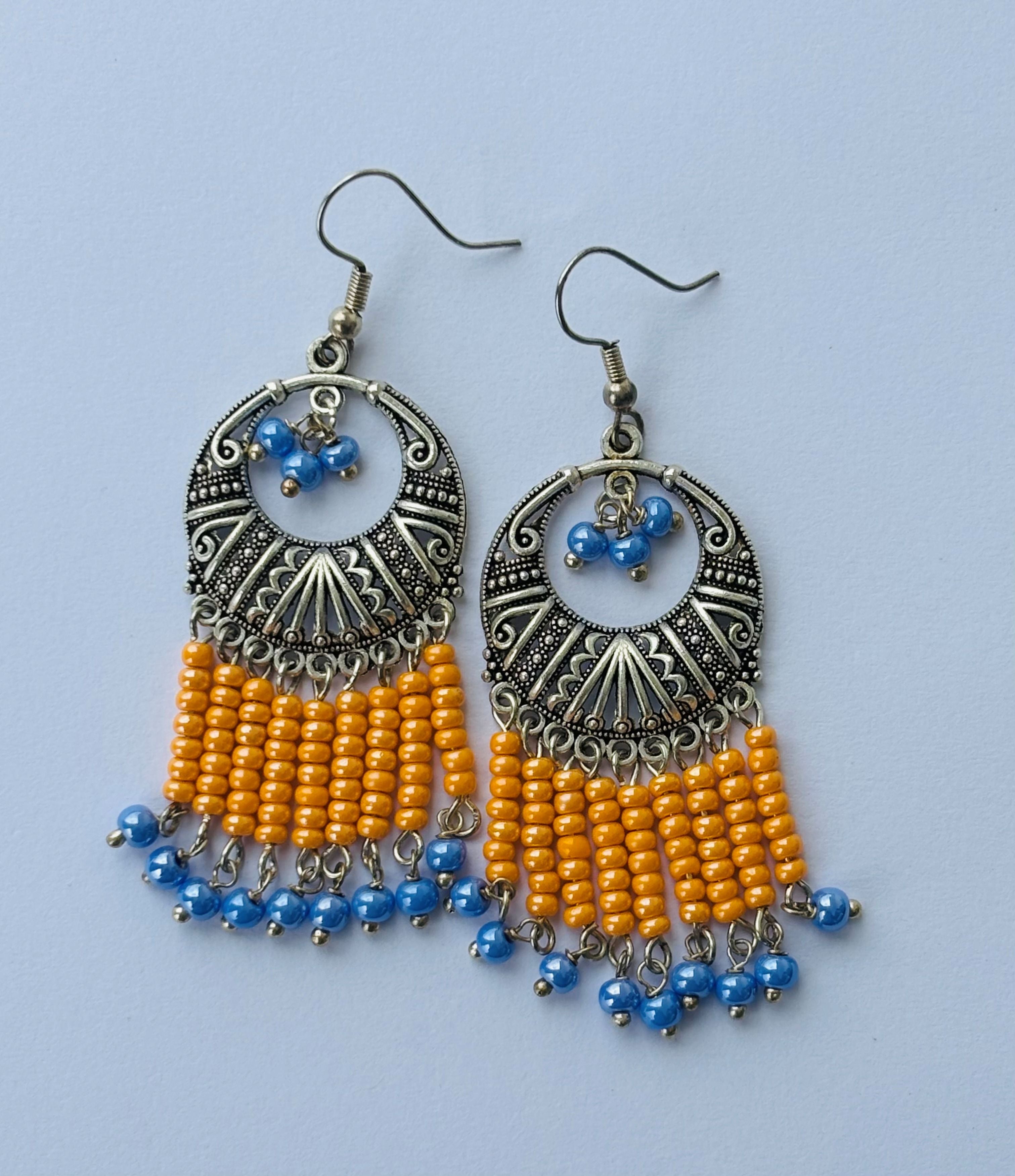 Oxidized Silver Tassel Earrings with Orange and Blue Beads