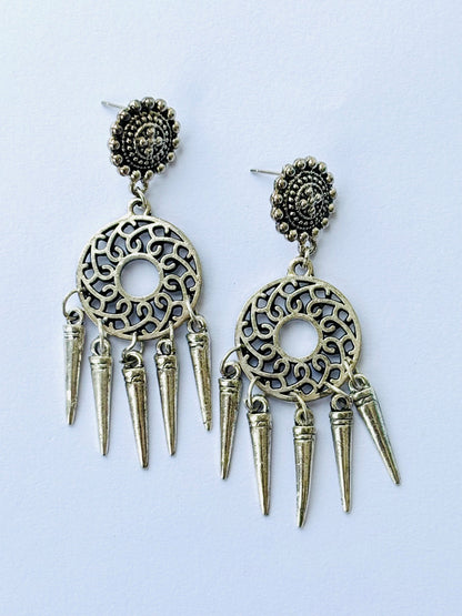 Tribal Spike Oxidized Silver Drop Earrings