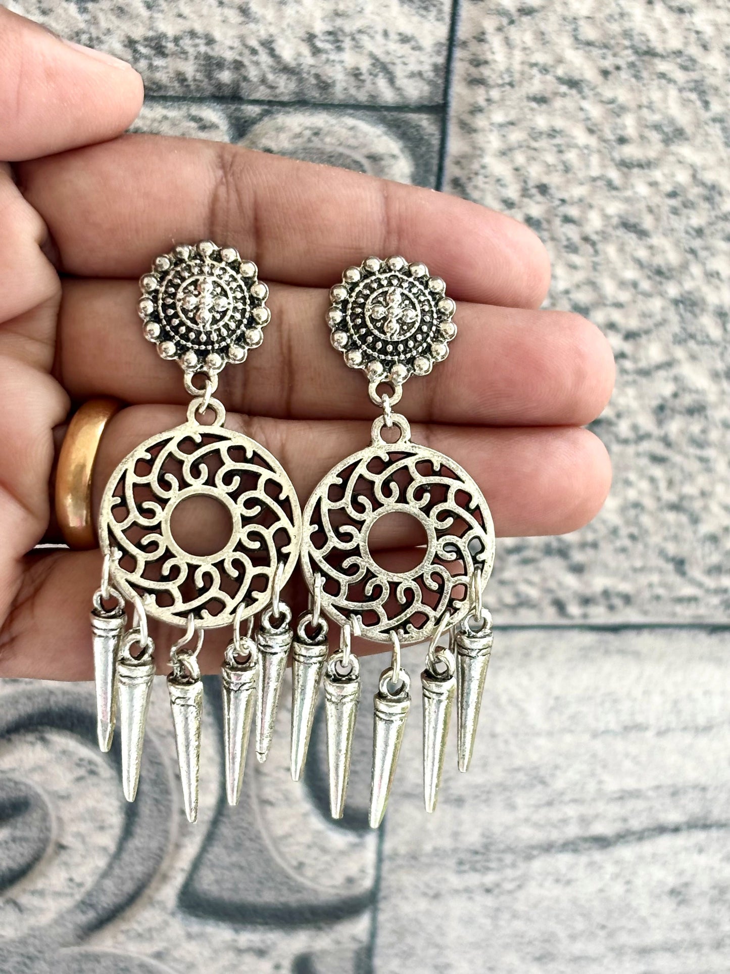 Tribal Spike Oxidized Silver Drop Earrings