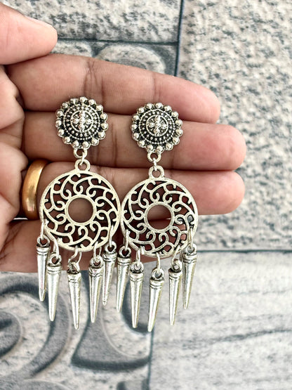 Tribal Spike Oxidized Silver Drop Earrings