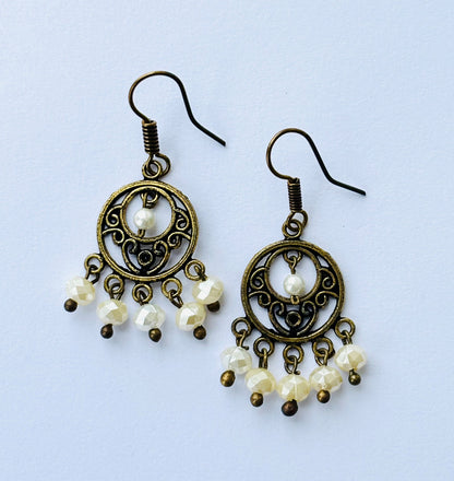 Vintage-Style Gold Drop Earrings with Pearl Beads