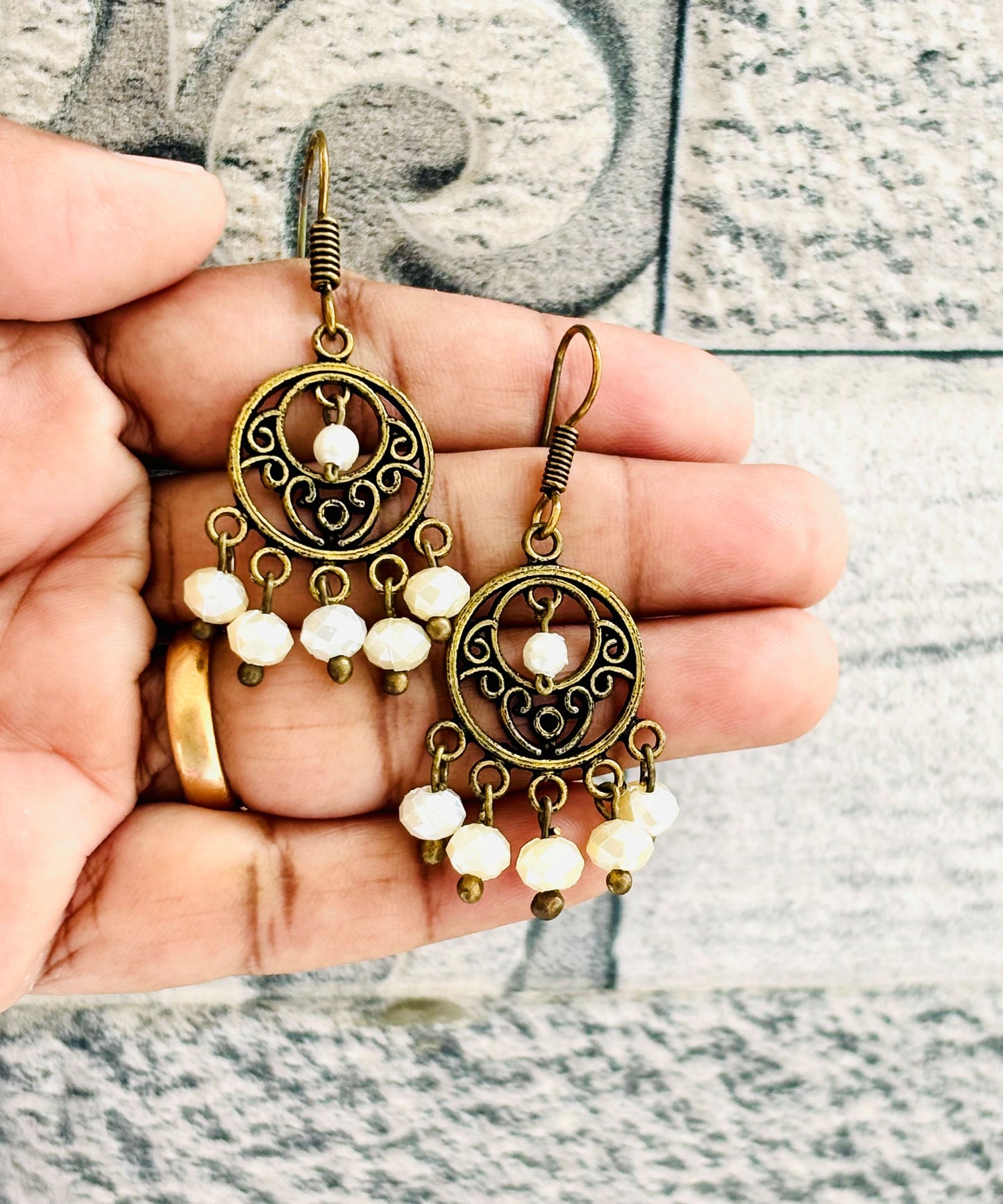 Vintage-Style Gold Drop Earrings with Pearl Beads