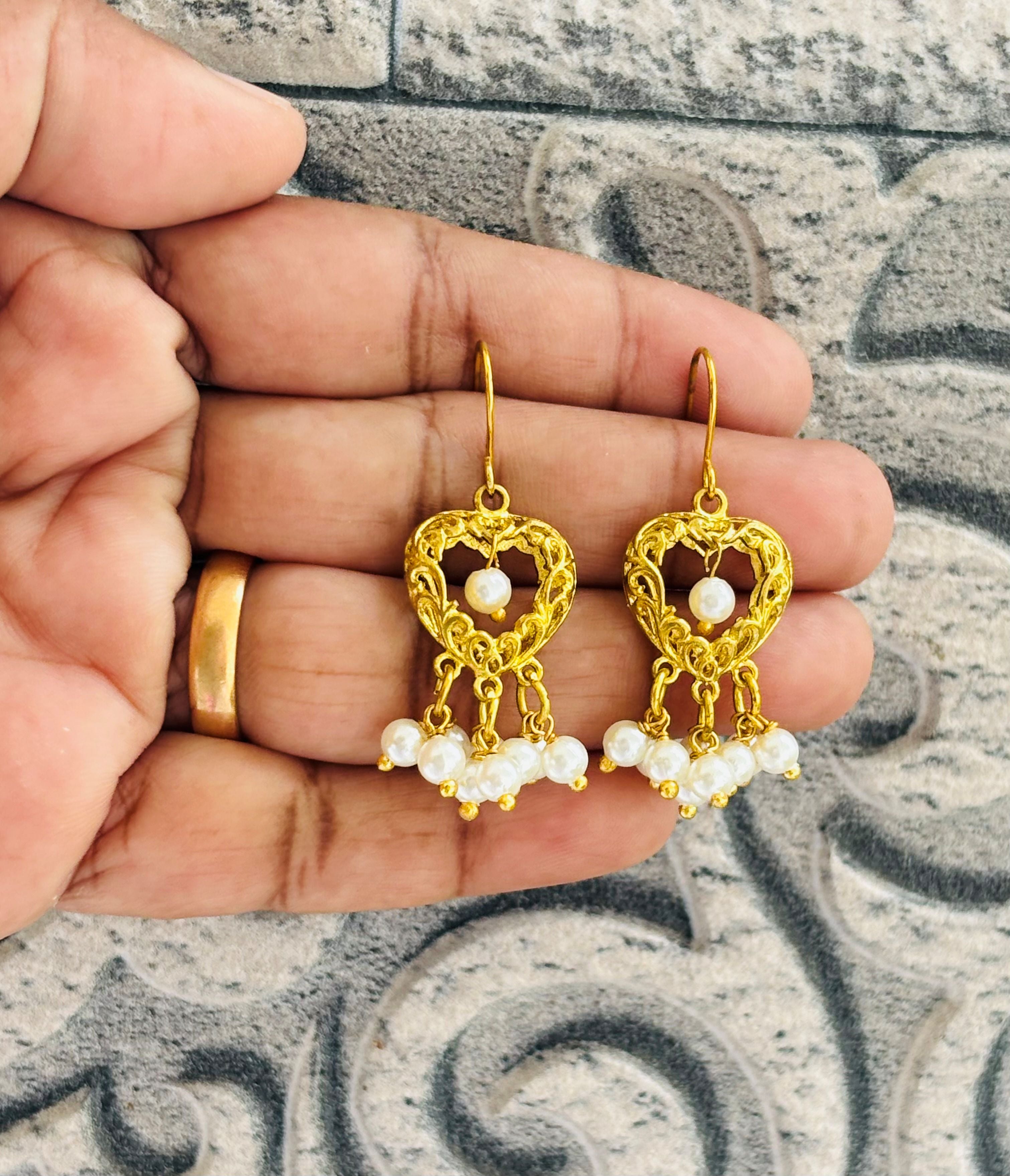 Gold Heart Drop Earrings with Pearl Beaded Clusters