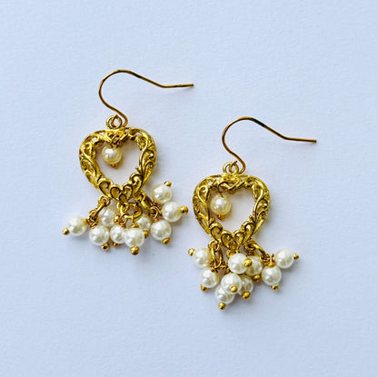 Gold Heart Drop Earrings with Pearl Beaded Clusters