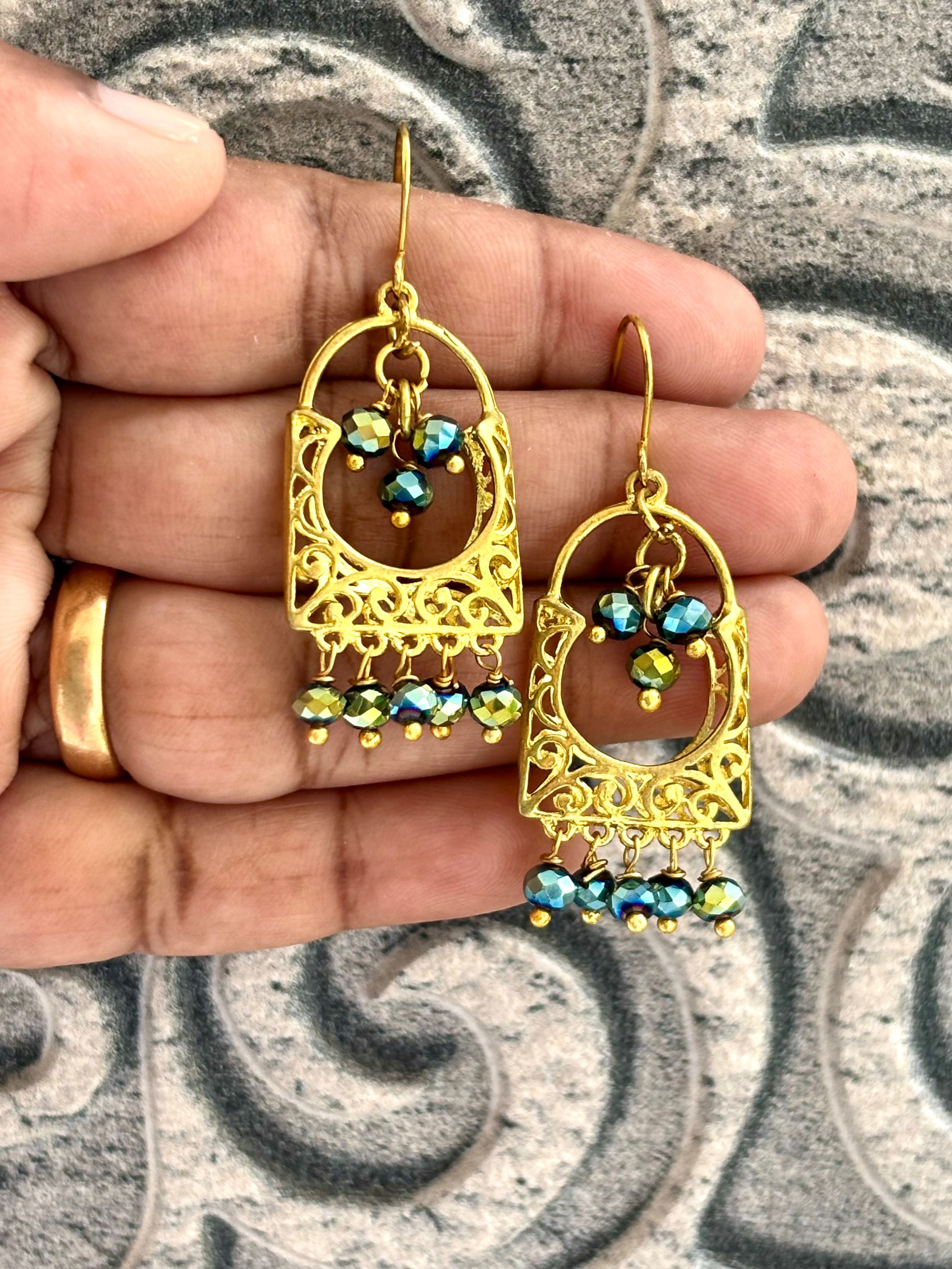Gold Filigree Earrings with Iridescent Blue Beads