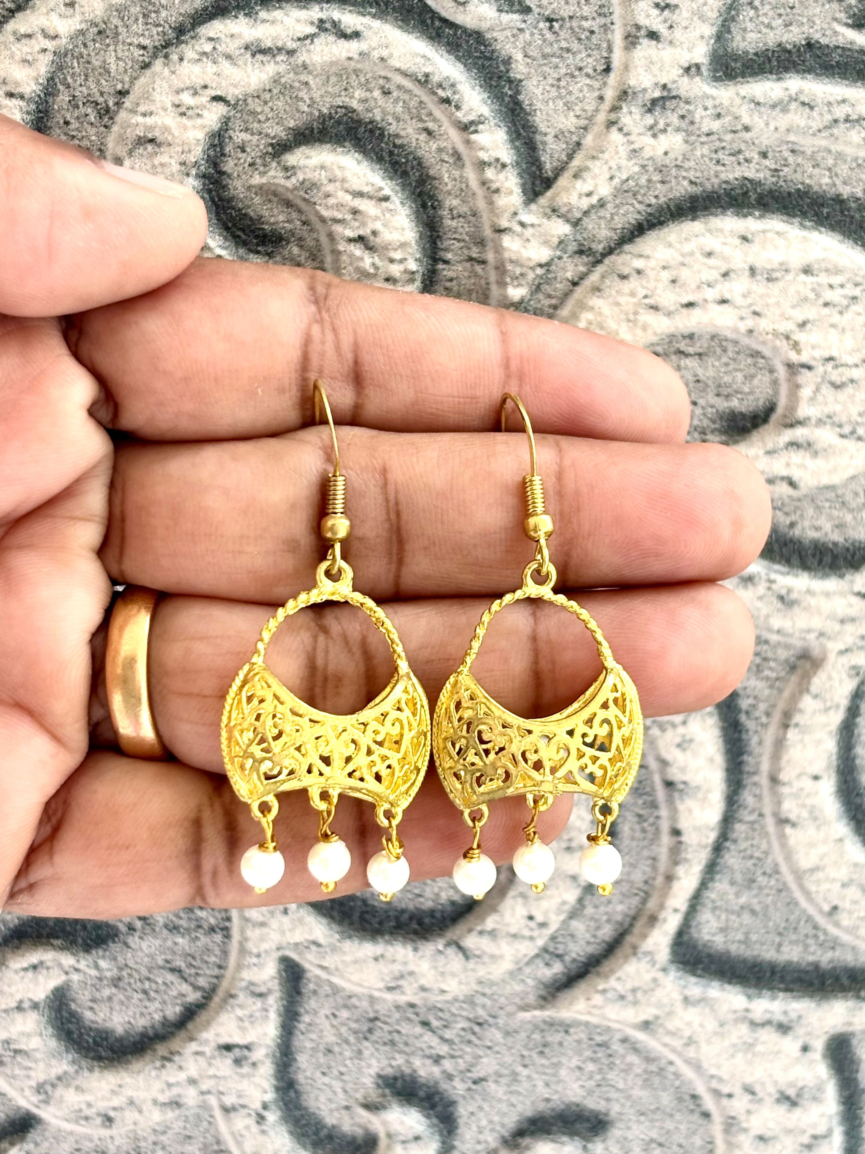 Gold Filigree Earrings with White Beads