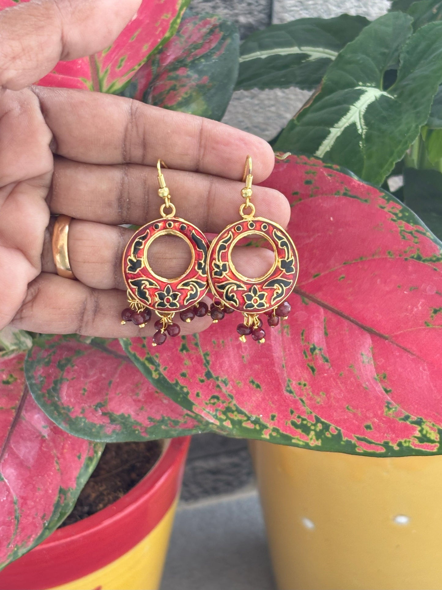 Gold and Red Enamel Hoop Earrings with Beaded Tassels