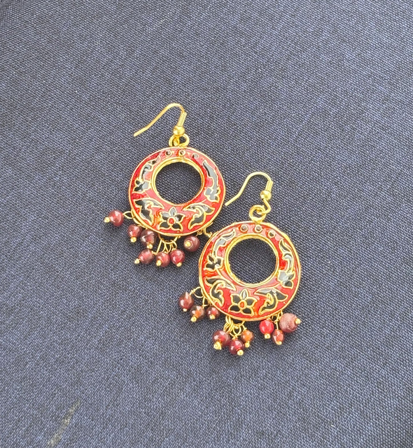 Gold and Red Enamel Hoop Earrings with Beaded Tassels