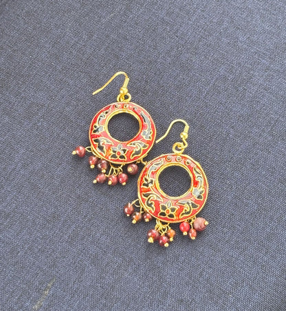 Gold and Red Enamel Hoop Earrings with Beaded Tassels