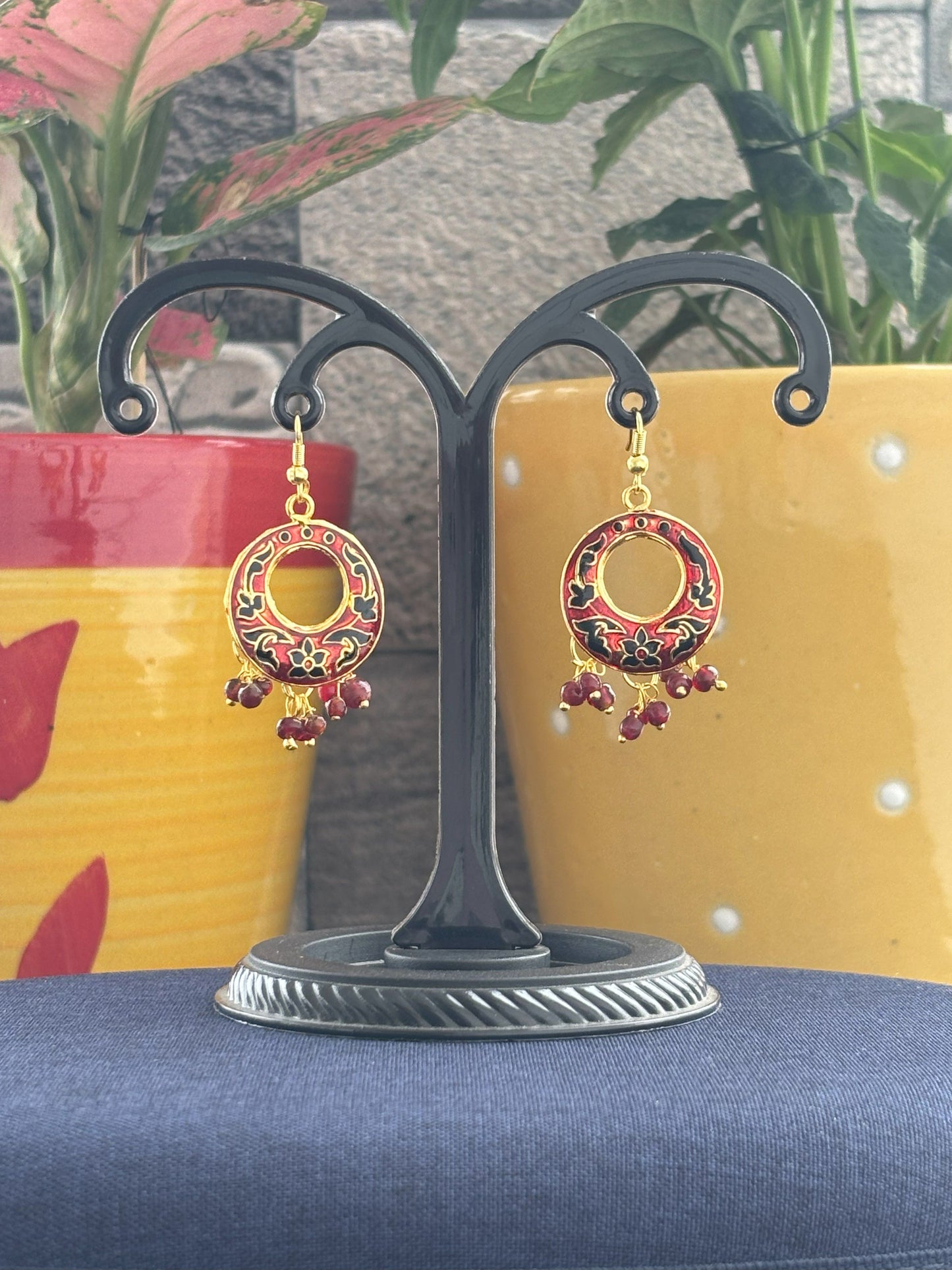 Gold and Red Enamel Hoop Earrings with Beaded Tassels
