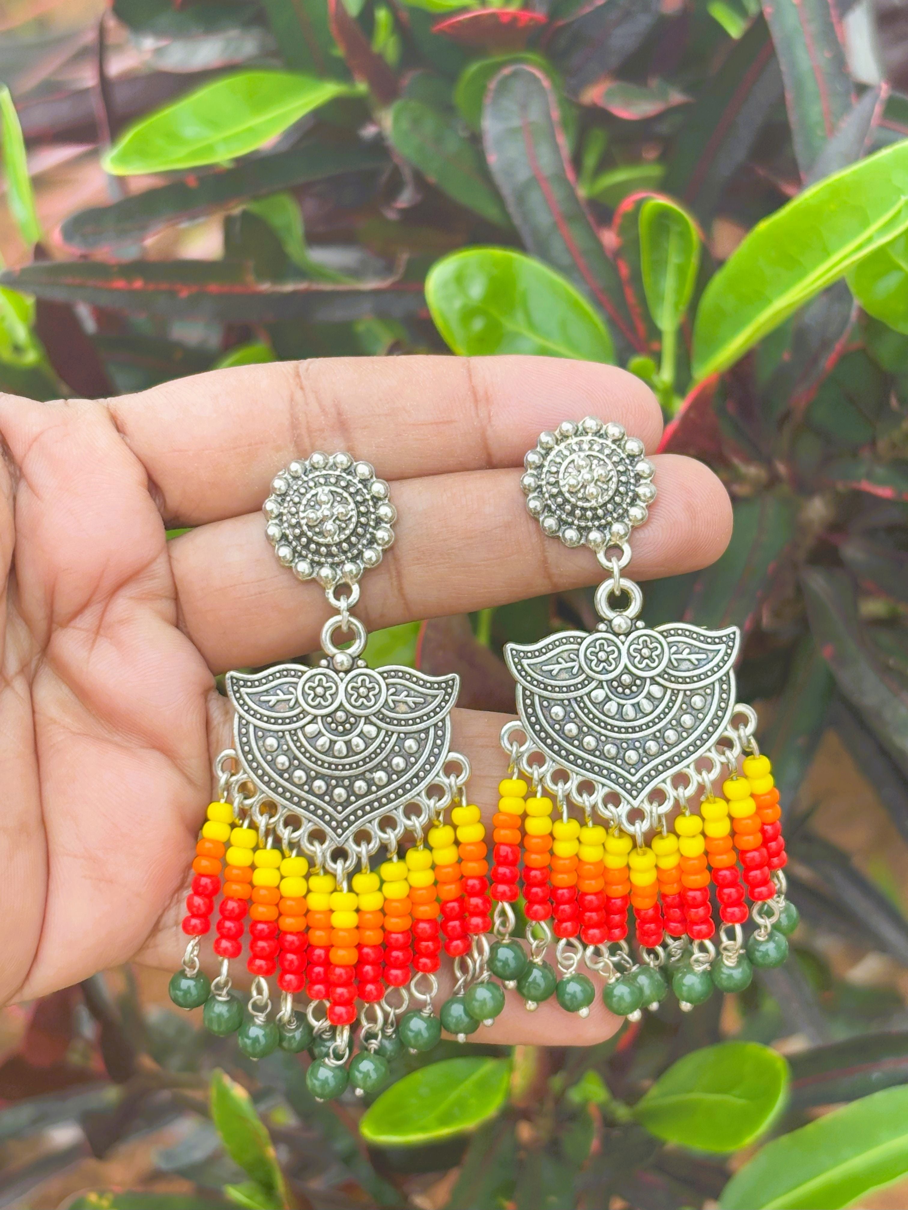 Oxidized Silver Tassel Earrings with Multi-Color Beads